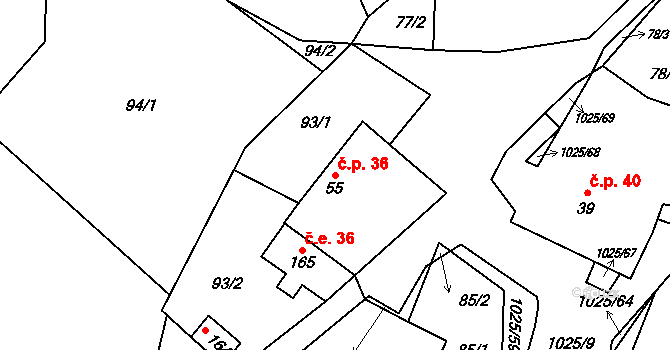 Šimanov 36 na parcele st. 55 v KÚ Šimanov na Moravě, Katastrální mapa