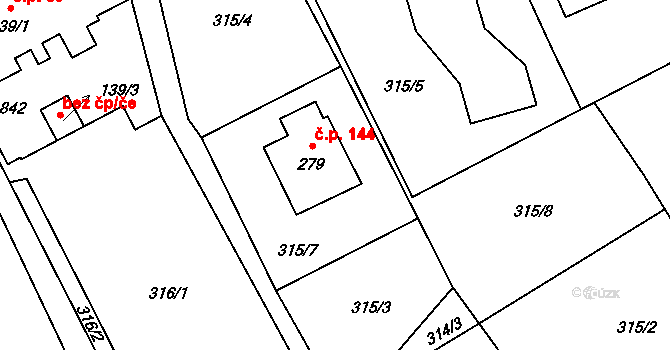 Karpentná 144, Třinec na parcele st. 279 v KÚ Karpentná, Katastrální mapa