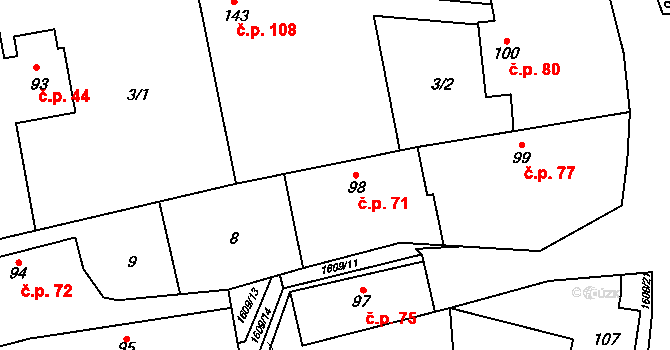 Neumětely 71 na parcele st. 98 v KÚ Neumětely, Katastrální mapa