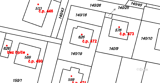 Rožďalovice 472 na parcele st. 626 v KÚ Rožďalovice, Katastrální mapa