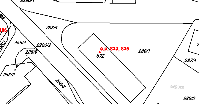 Tišnov 833,835 na parcele st. 872 v KÚ Tišnov, Katastrální mapa