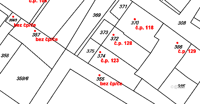 Čejč 123 na parcele st. 374 v KÚ Čejč, Katastrální mapa