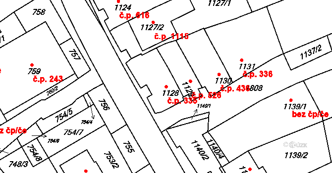 Dolní Bojanovice 335 na parcele st. 1128 v KÚ Dolní Bojanovice, Katastrální mapa