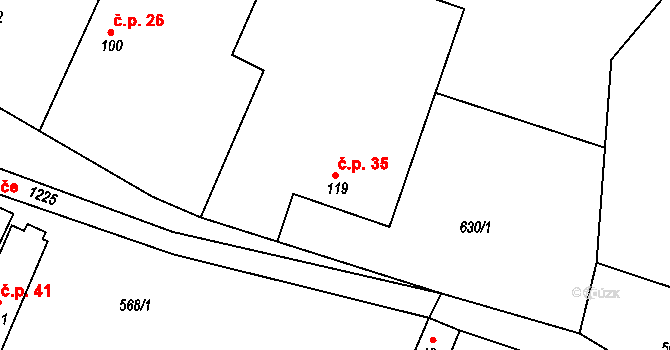 Tožice 35, Bystřice na parcele st. 119 v KÚ Božkovice, Katastrální mapa