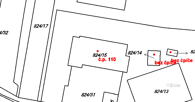 Loděnice 110 na parcele st. 824/15 v KÚ Loděnice u Berouna, Katastrální mapa