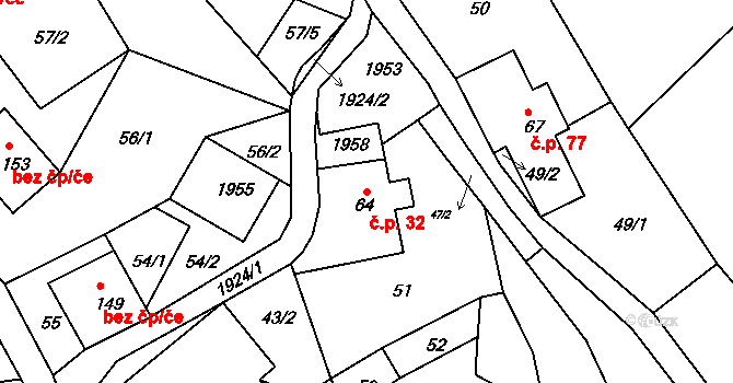 Roztoky u Semil 32 na parcele st. 64 v KÚ Roztoky u Semil, Katastrální mapa
