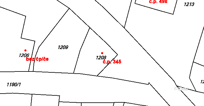 Lipová-lázně 345 na parcele st. 1208 v KÚ Dolní Lipová, Katastrální mapa