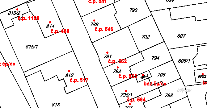 Kosmonosy 562 na parcele st. 791 v KÚ Kosmonosy, Katastrální mapa