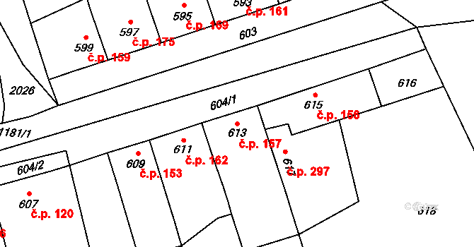 Grygov 157 na parcele st. 613 v KÚ Grygov, Katastrální mapa