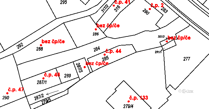 Žerotín 44 na parcele st. 285 v KÚ Žerotín, Katastrální mapa