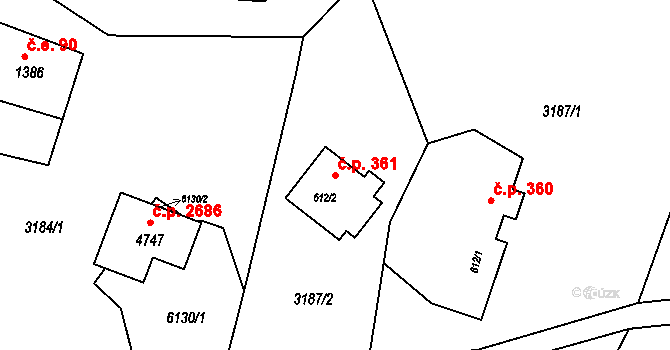 Rožnov pod Radhoštěm 361 na parcele st. 612/2 v KÚ Rožnov pod Radhoštěm, Katastrální mapa