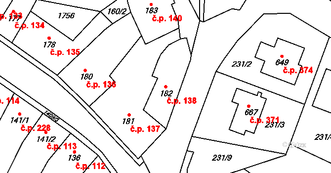 Miletín 138 na parcele st. 182 v KÚ Miletín, Katastrální mapa
