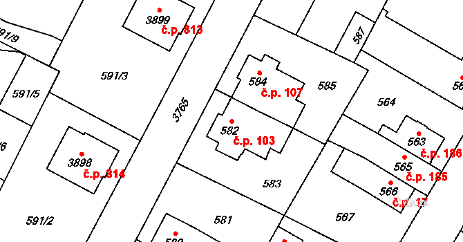 Žamberk 103 na parcele st. 582 v KÚ Žamberk, Katastrální mapa