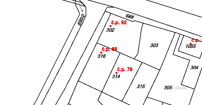 Kostomlaty nad Labem 66 na parcele st. 316 v KÚ Kostomlaty nad Labem, Katastrální mapa