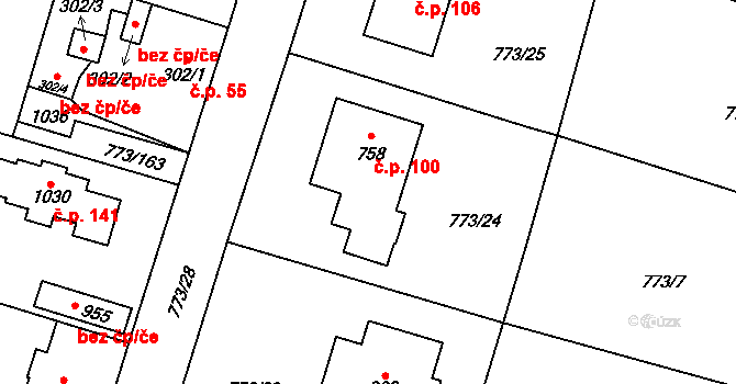 Brtnice 100, Velké Popovice na parcele st. 758 v KÚ Velké Popovice, Katastrální mapa
