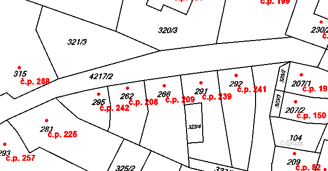 Mohelno 209 na parcele st. 266 v KÚ Mohelno, Katastrální mapa