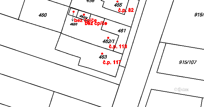 Přízřenice 117, Brno na parcele st. 463 v KÚ Přízřenice, Katastrální mapa