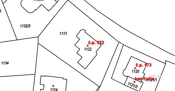 Dubí 322 na parcele st. 1122 v KÚ Dubí u Teplic, Katastrální mapa
