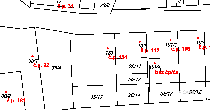 Dřínov 124 na parcele st. 123/1 v KÚ Dřínov, Katastrální mapa