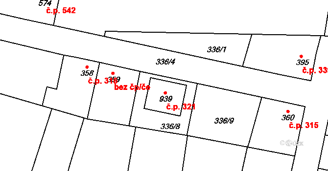 Blovice 321 na parcele st. 939 v KÚ Blovice, Katastrální mapa