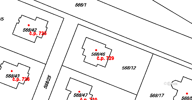 Šeberov 729, Praha na parcele st. 568/46 v KÚ Šeberov, Katastrální mapa