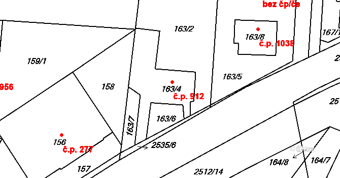 Radotín 912, Praha na parcele st. 163/4 v KÚ Radotín, Katastrální mapa