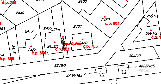 Modřany 755, Praha na parcele st. 2460 v KÚ Modřany, Katastrální mapa