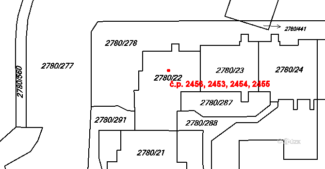 Stodůlky 2453,2454,2455,2456, Praha na parcele st. 2780/22 v KÚ Stodůlky, Katastrální mapa