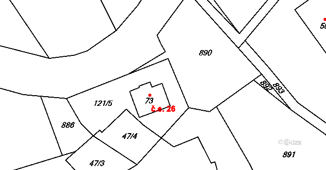 Kohoutov 26 na parcele st. 73 v KÚ Kladruby u Kohoutova, Katastrální mapa