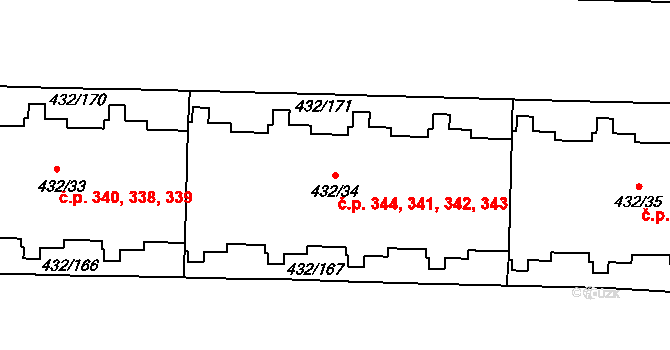 Petrovice 341,342,343,344, Praha na parcele st. 432/34 v KÚ Petrovice, Katastrální mapa