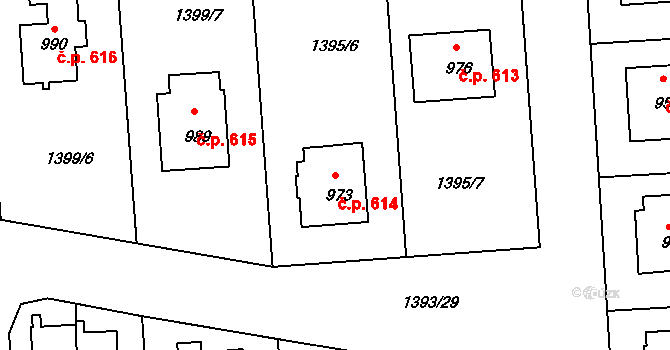 Rožmitál pod Třemšínem 614 na parcele st. 973 v KÚ Rožmitál pod Třemšínem, Katastrální mapa