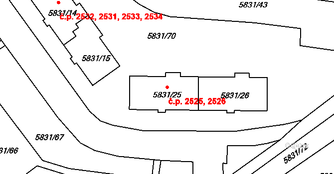 Česká Lípa 2525,2526 na parcele st. 5831/25 v KÚ Česká Lípa, Katastrální mapa