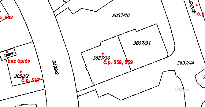 Božkov 558,559, Plzeň na parcele st. 3637/30 v KÚ Plzeň, Katastrální mapa