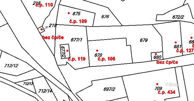 Týnec nad Labem 106 na parcele st. 678 v KÚ Týnec nad Labem, Katastrální mapa