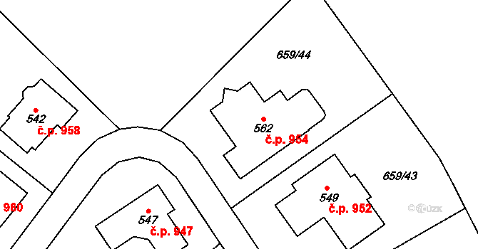 Hlubočinka 954, Sulice na parcele st. 562 v KÚ Sulice, Katastrální mapa
