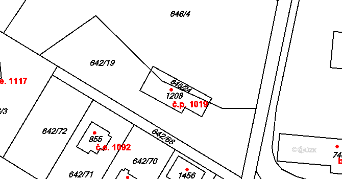Kamenice 1019 na parcele st. 1208 v KÚ Těptín, Katastrální mapa