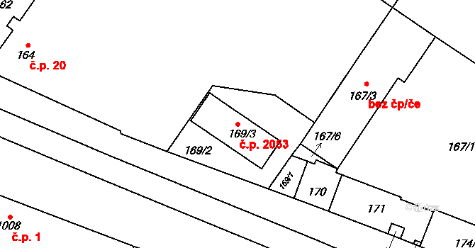 Bolevec 2053, Plzeň na parcele st. 169/3 v KÚ Bolevec, Katastrální mapa