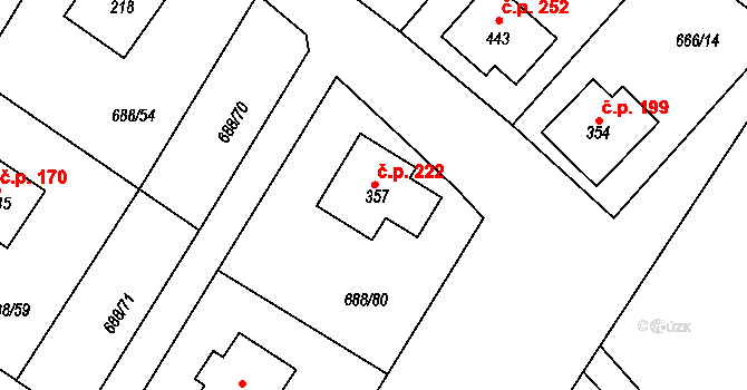 Kameničky 222 na parcele st. 357 v KÚ Kameničky, Katastrální mapa