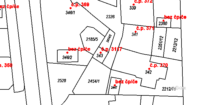 Uničov 3117 na parcele st. 343 v KÚ Uničov, Katastrální mapa