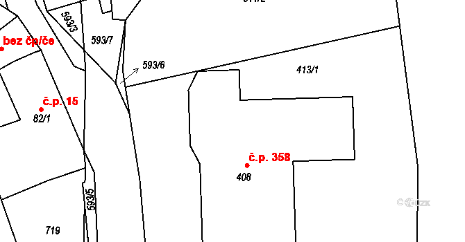Veltruby 358 na parcele st. 408 v KÚ Veltruby, Katastrální mapa