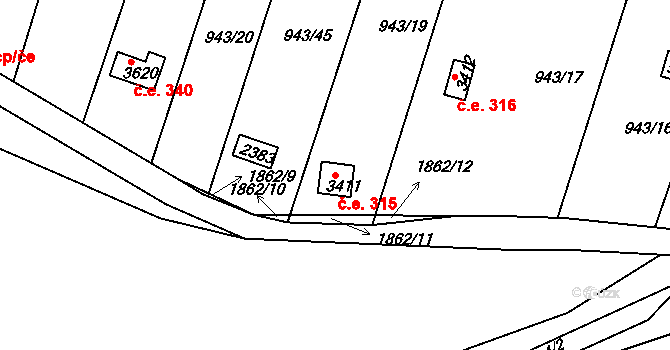 Slaný 315 na parcele st. 3411 v KÚ Slaný, Katastrální mapa