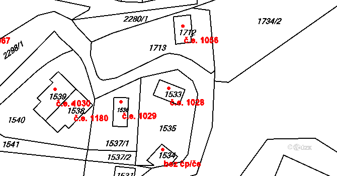 Krásné Pole 1028, Ostrava na parcele st. 1533 v KÚ Krásné Pole, Katastrální mapa