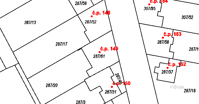 Hlušovice 149 na parcele st. 287/61 v KÚ Hlušovice, Katastrální mapa