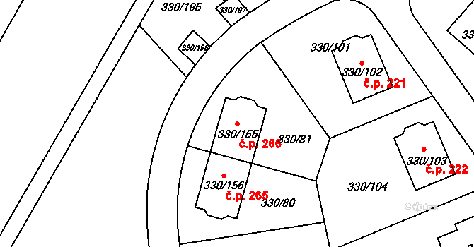 Hlušovice 266 na parcele st. 330/155 v KÚ Hlušovice, Katastrální mapa