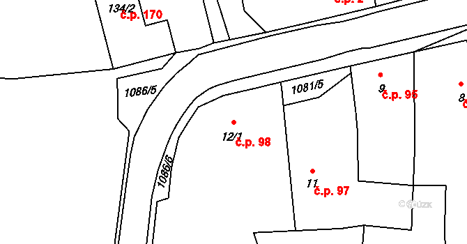 Prčice 98, Sedlec-Prčice na parcele st. 12/1 v KÚ Prčice, Katastrální mapa