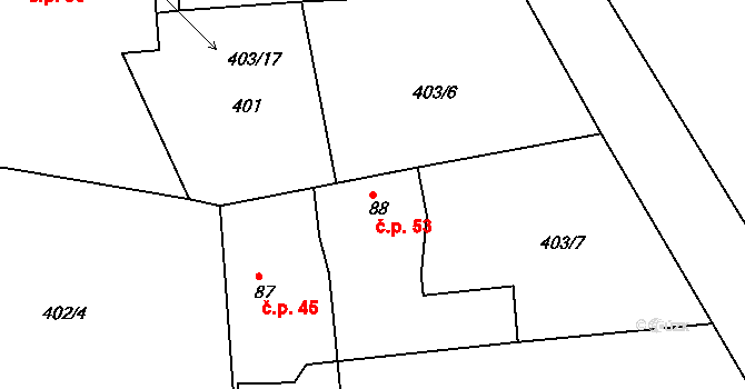 Cerhonice 53 na parcele st. 88 v KÚ Cerhonice, Katastrální mapa
