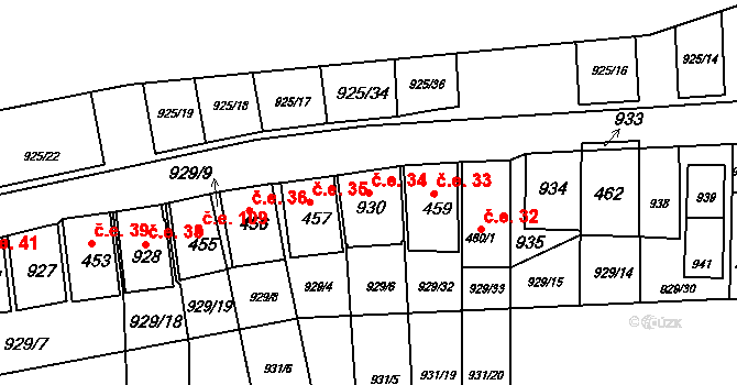 Chvalovice 34 na parcele st. 930 v KÚ Chvalovice, Katastrální mapa