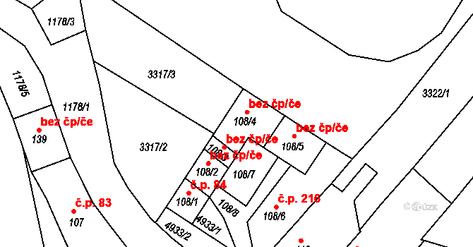 Trnava 44103611 na parcele st. 108/4 v KÚ Trnava u Třebíče, Katastrální mapa