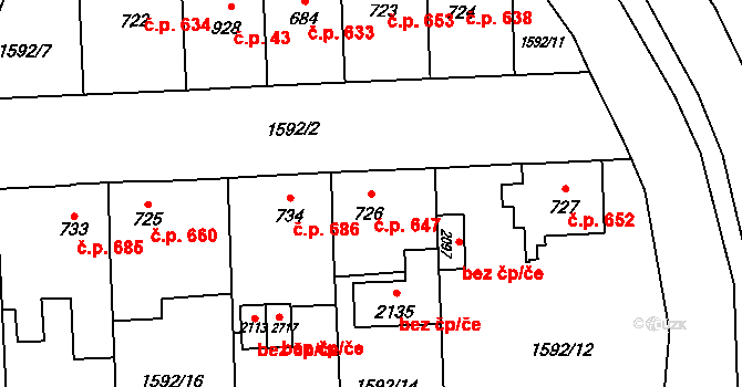 Kateřinky 647, Opava na parcele st. 726 v KÚ Kateřinky u Opavy, Katastrální mapa
