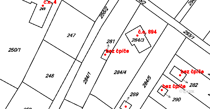 Kroměříž 44983611 na parcele st. 281 v KÚ Miňůvky, Katastrální mapa